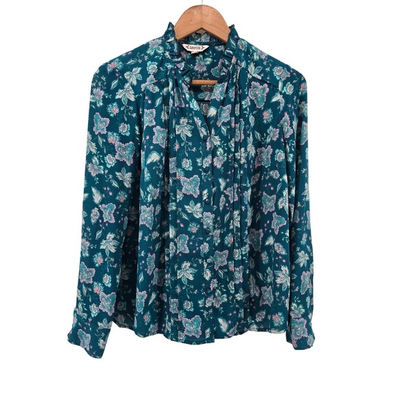 Nanette Lepore Tops - Nanette Lepore Blouse Womens Small Teal Floral Ruffle Mock Neck Pleated Long Slv